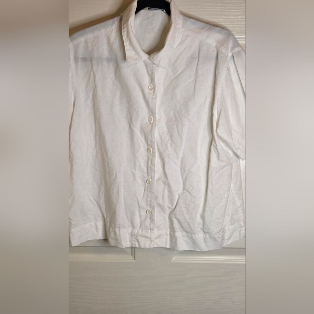Eddie Bauer M White LINEN Blend Shrtslvs Buttons Up Women’s Shirt